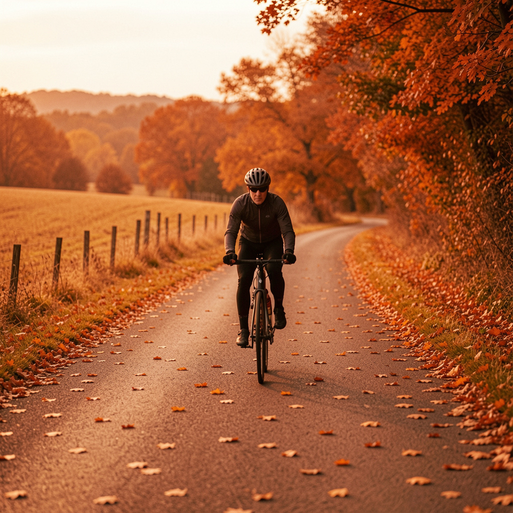 Cyclist riding through countryside road