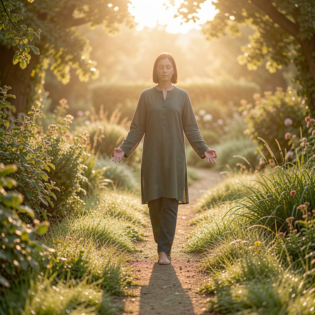 Person practicing mindful walking in peaceful garden